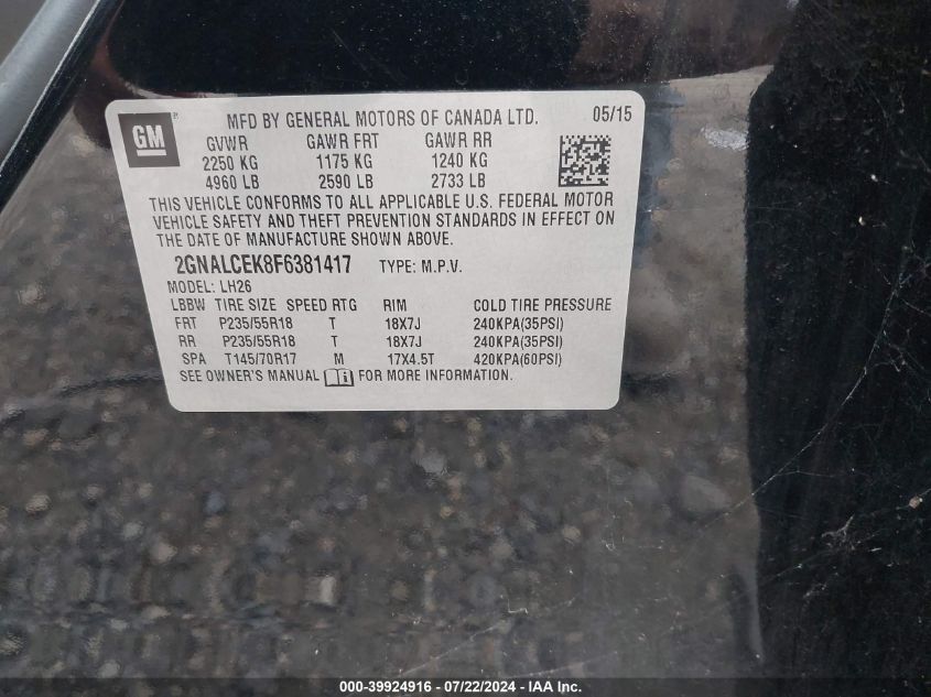 2015 Chevrolet Equinox 2Lt VIN: 2GNALCEK8F6381417 Lot: 39924916