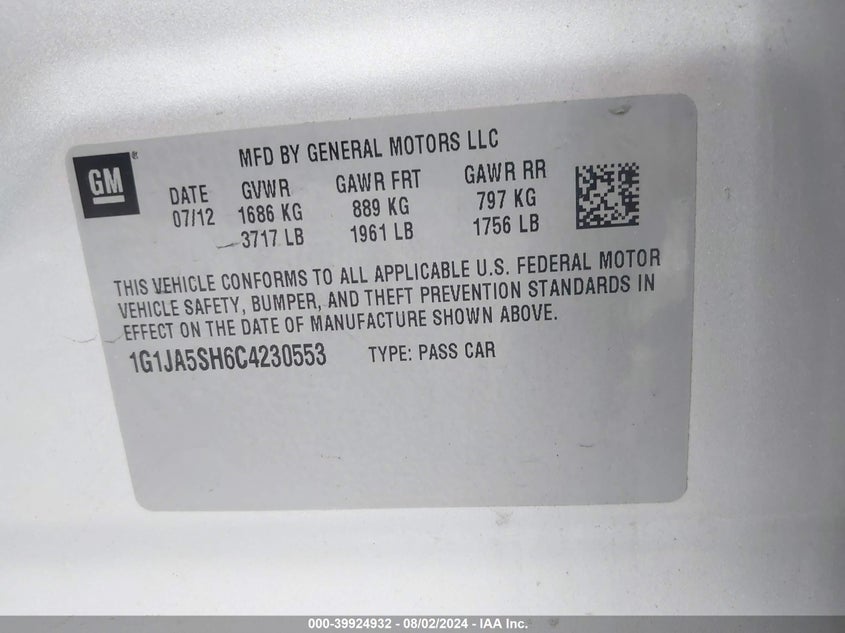 2012 Chevrolet Sonic Ls VIN: 1G1JA5SH6C4230553 Lot: 39924932