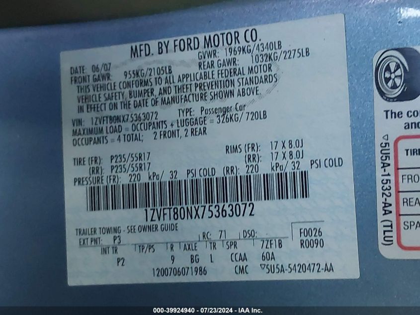 2007 Ford Mustang V6 Deluxe/V6 Premium VIN: 1ZVFT80NX75363072 Lot: 39924940