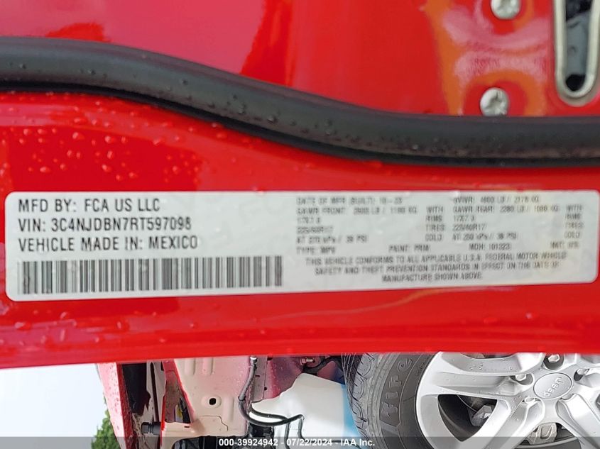 2024 Jeep Compass Latitude 4X4 VIN: 3C4NJDBN7RT597098 Lot: 39924942