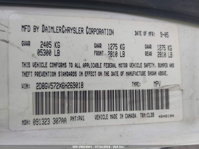 2006 Dodge Magnum Rt VIN: 2D8GV572X6H269018 Lot: 39924941
