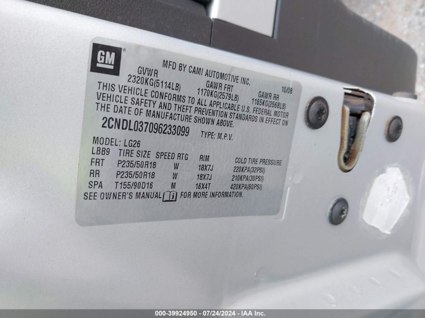 2009 Chevrolet Equinox Sport VIN: 2CNDL037096233099 Lot: 39924950