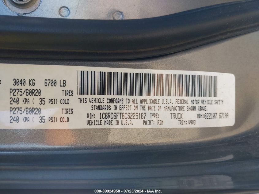 2012 Ram 1500 St VIN: 1C6RD6FT6CS229167 Lot: 39924958