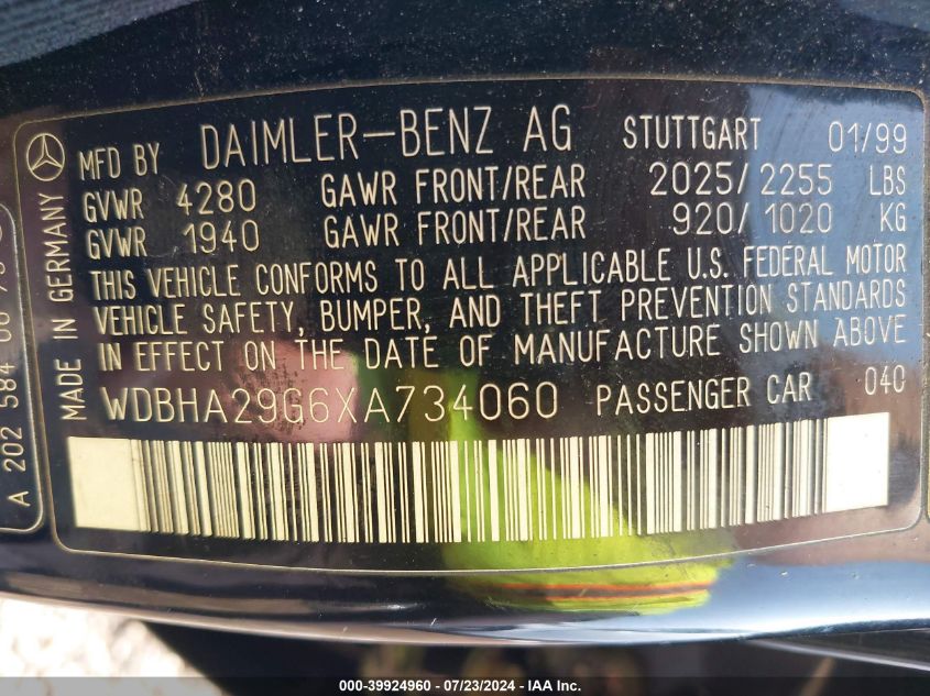 1999 Mercedes-Benz C 280 VIN: WDBHA29G6XA734060 Lot: 39924960