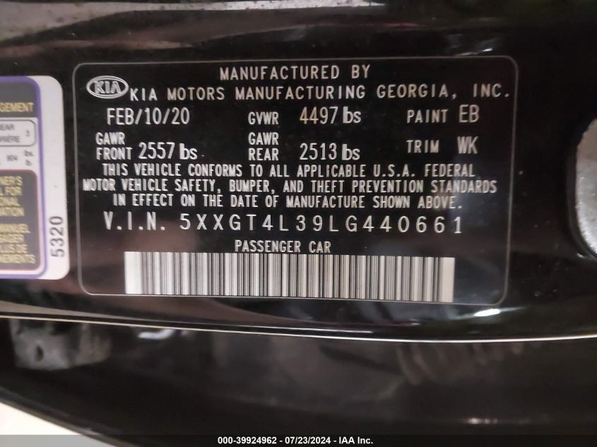 2020 Kia Optima Se VIN: 5XXGT4L39LG440661 Lot: 39924962