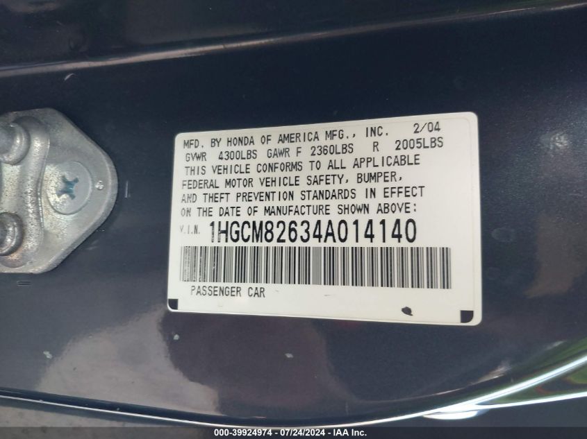2004 Honda Accord 3.0 Ex VIN: 1HGCM82634A014140 Lot: 39924974