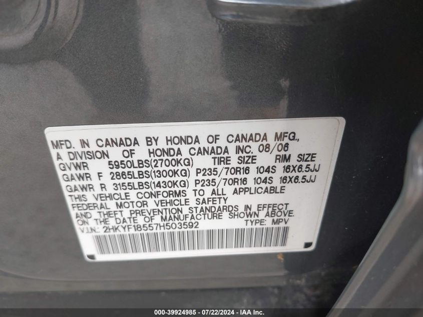 2007 Honda Pilot Ex-L VIN: 2HKYF18557H503592 Lot: 39924985