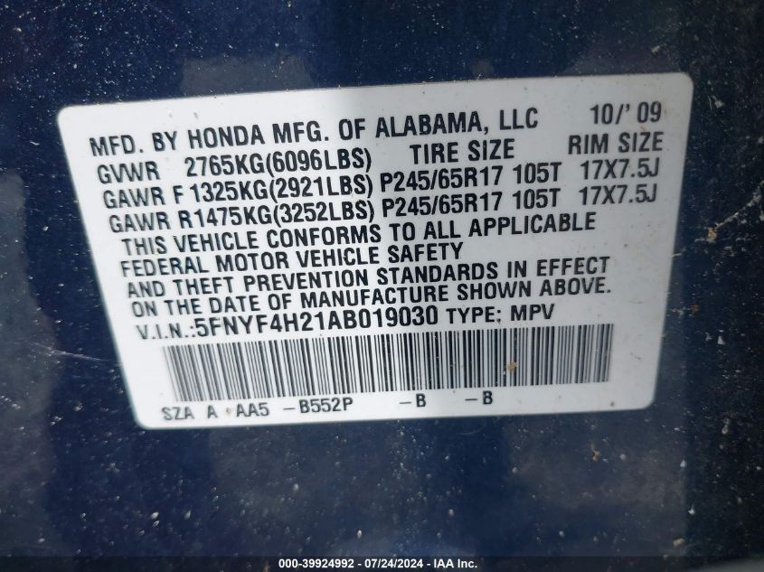 2010 Honda Pilot Lx VIN: 5FNYF4H21AB019030 Lot: 39924992