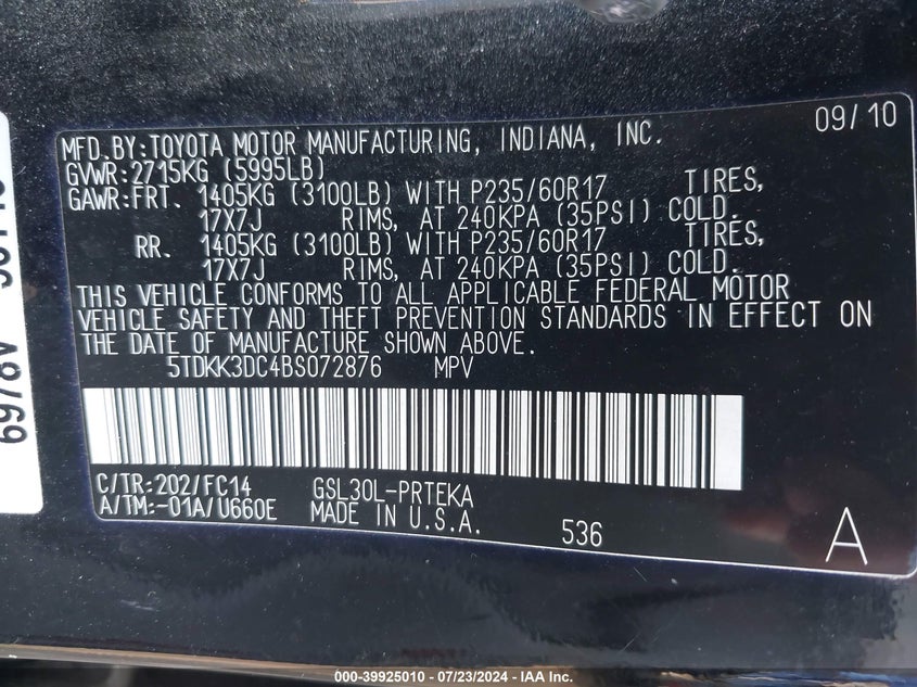 2011 Toyota Sienna Le VIN: 5TDKK3DC4BS072876 Lot: 39925010