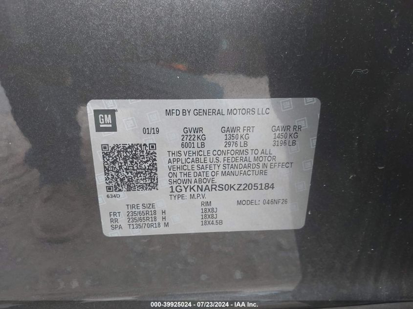 2019 Cadillac Xt5 VIN: 1GYKNARS0KZ205184 Lot: 39925024
