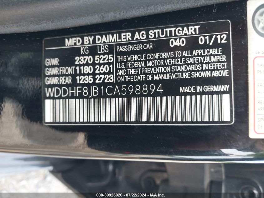 2012 Mercedes-Benz E 350 4Matic VIN: WDDHF8JB1CA598894 Lot: 39925026