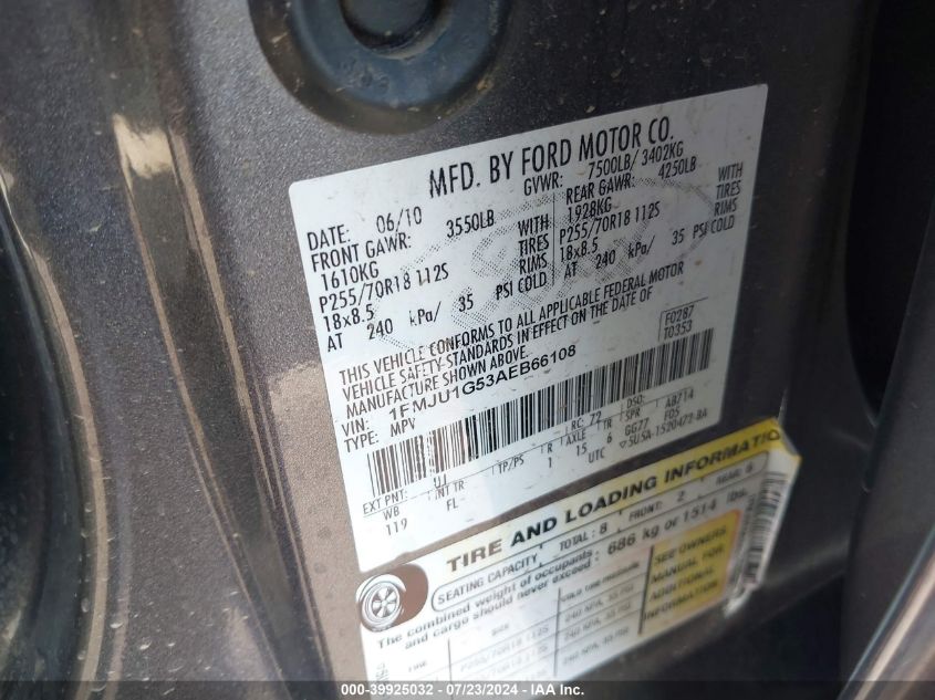 2010 Ford Expedition Xlt VIN: 1FMJU1G53AEB66108 Lot: 39925032