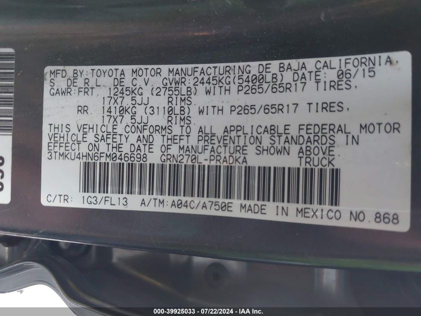 2015 Toyota Tacoma Prerunner V6 VIN: 3TMKU4HN6FM04669 Lot: 39925033