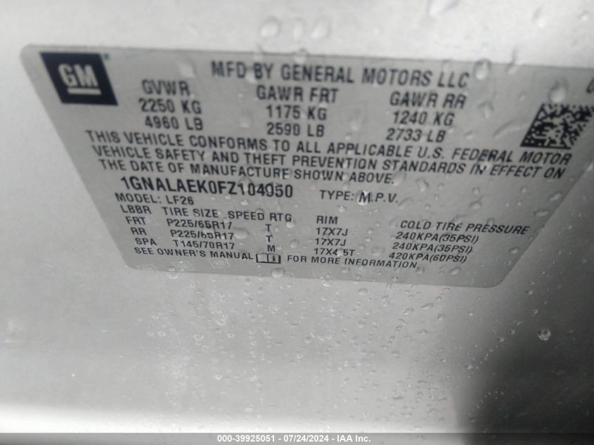 2015 Chevrolet Equinox Ls VIN: 1GNALAEK0FZ104950 Lot: 39925051