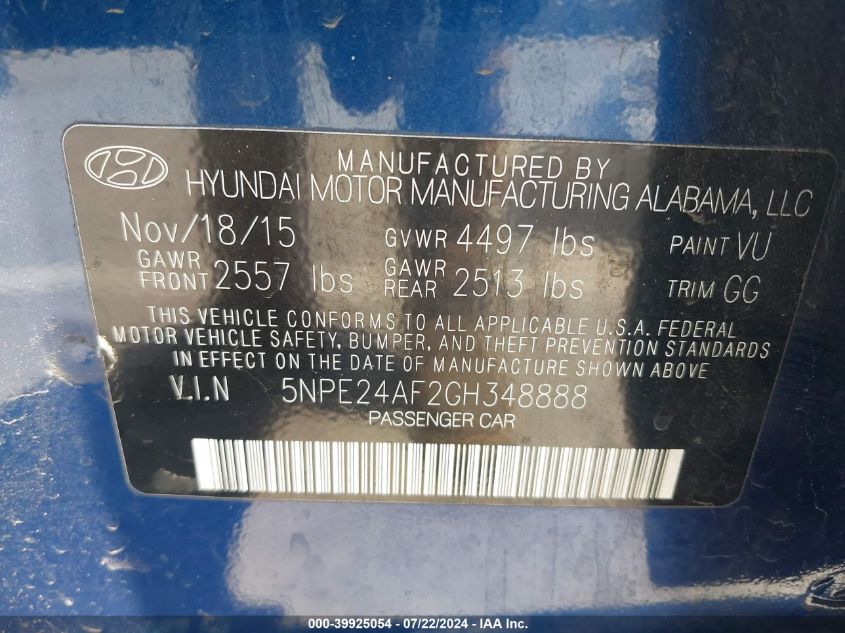 2016 Hyundai Sonata Se VIN: 5NPE24AF2GH348888 Lot: 39925054