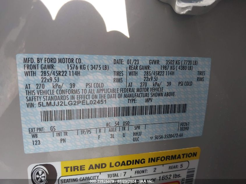 2023 Lincoln Navigator Reserve VIN: 5LMJJ2LG2PEL02451 Lot: 39925079