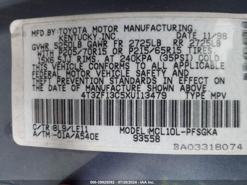 1999 Toyota Sienna Xle VIN: 4T3ZF13C5XU113479 Lot: 39925092