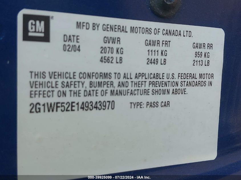2004 Chevrolet Impala VIN: 2G1WF52E149343970 Lot: 39925099