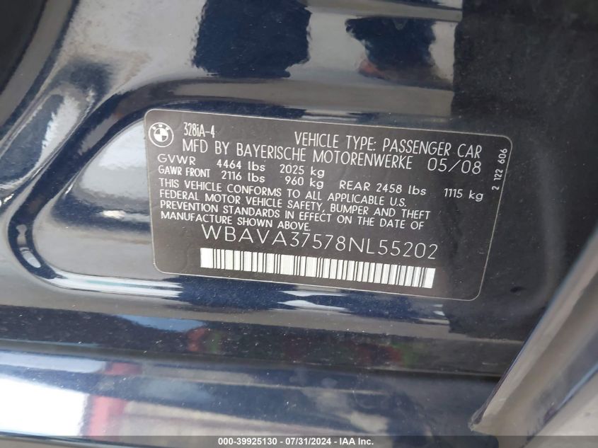 2008 BMW 328I VIN: WBAVA37578NL55202 Lot: 39925130