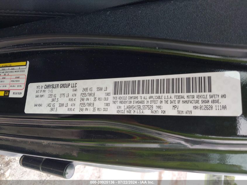 2011 Jeep Wrangler Unlimited Sahara VIN: 1J4BA5H15BL557529 Lot: 39925136