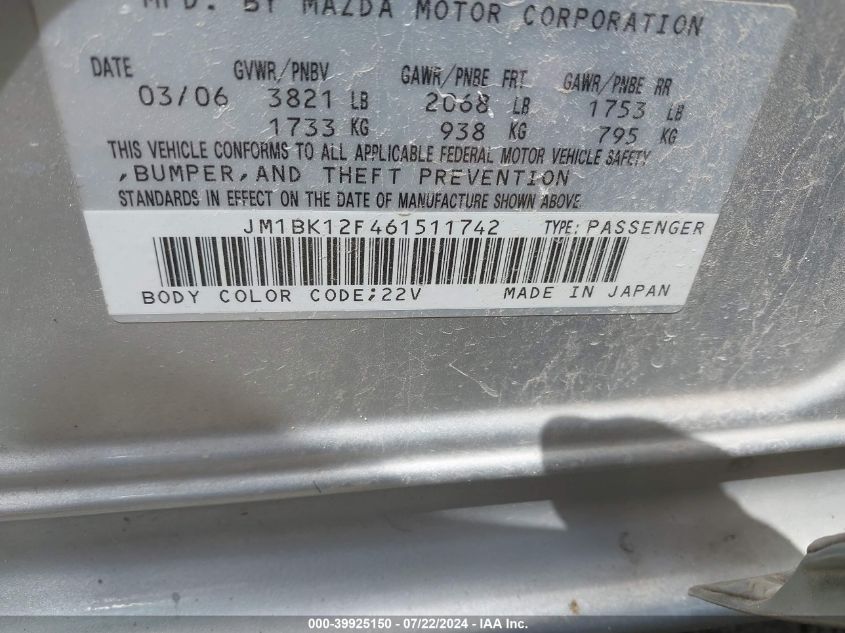 2006 Mazda Mazda3 I VIN: JM1BK12F461511742 Lot: 39925150