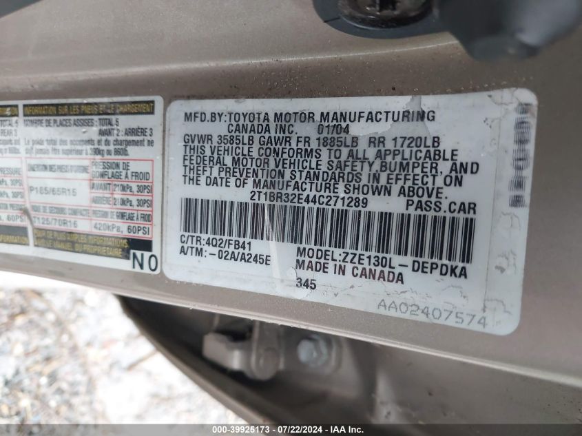 2004 Toyota Corolla Ce VIN: 2T1BR32E44C271289 Lot: 39925173