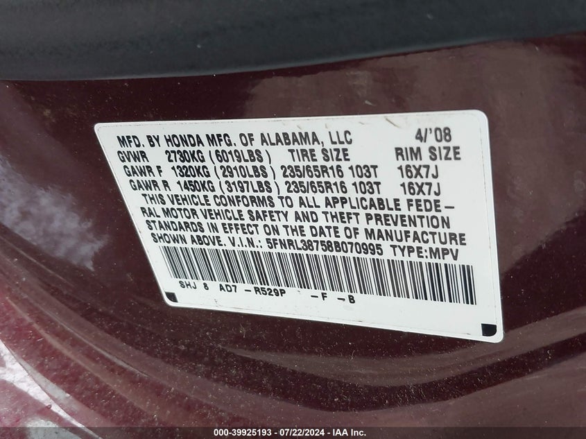 2008 Honda Odyssey Ex-L VIN: 5FNRL38758B070995 Lot: 39925193