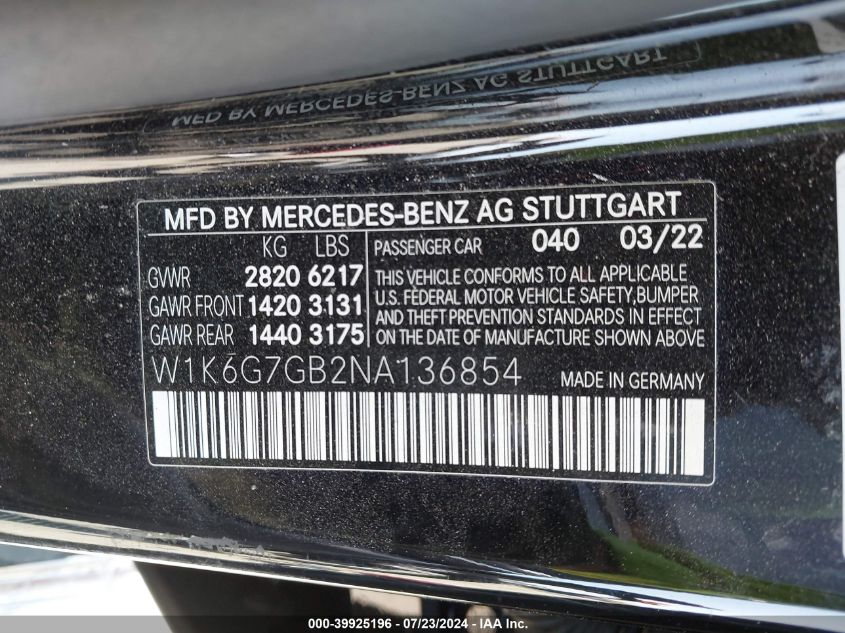 2022 Mercedes-Benz S 580 4Matic VIN: W1K6G7GB2NA136854 Lot: 39925196