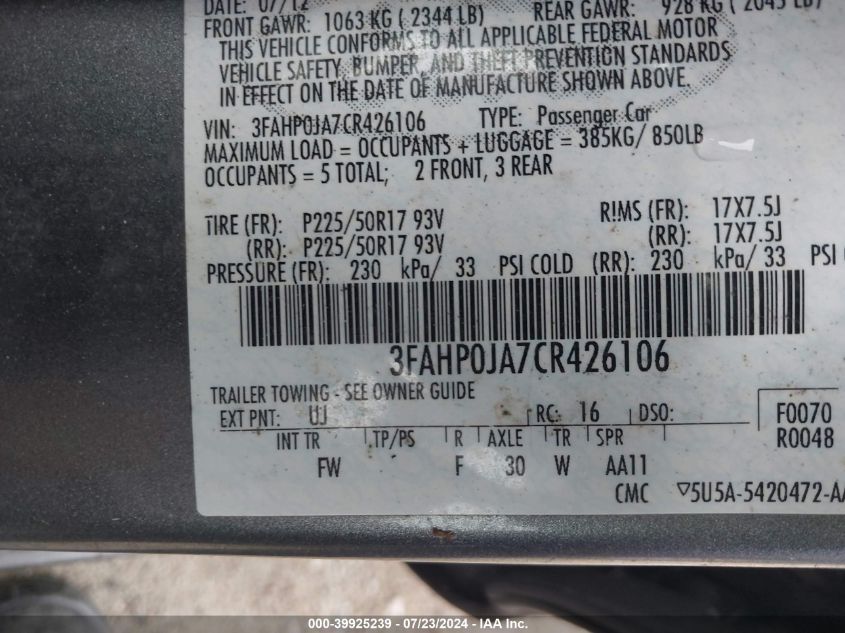 2012 Ford Fusion Sel VIN: 3FAHP0JA7CR426106 Lot: 39925239