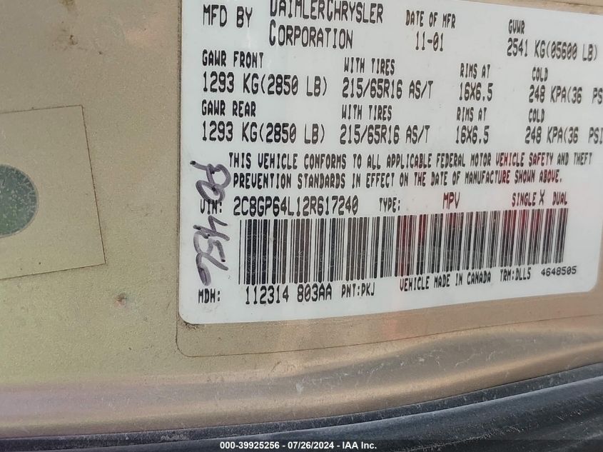 2002 Chrysler Town & Country Limited VIN: 2C8GP64L12R617240 Lot: 39925256