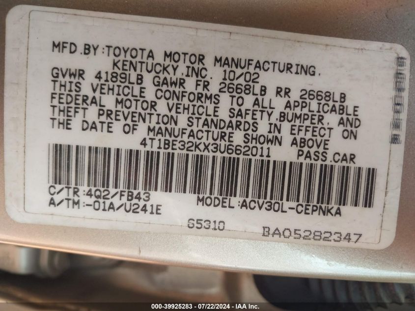 2003 Toyota Camry Le VIN: 4T1BE32KX3U662011 Lot: 39925283