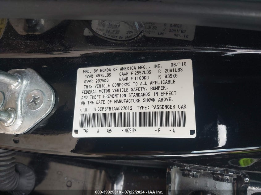 2010 Honda Accord 3.5 Ex-L VIN: 1HGCP3F81AA027812 Lot: 39925318