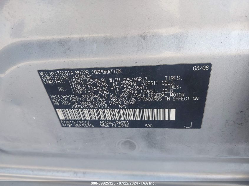 2008 Toyota Rav4 VIN: JTMZD33V286073187 Lot: 39925325