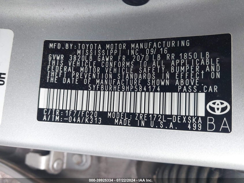 2017 TOYOTA COROLLA SE SPECIAL EDITION - 5YFBURHE9HP584174