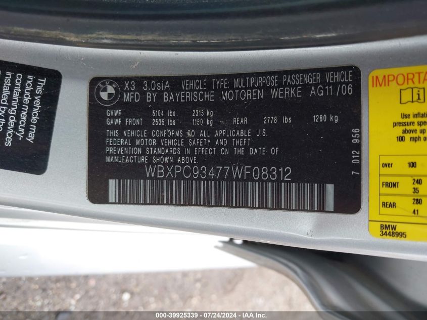 2007 BMW X3 3.0Si VIN: WBXPC93477WF08312 Lot: 39925339