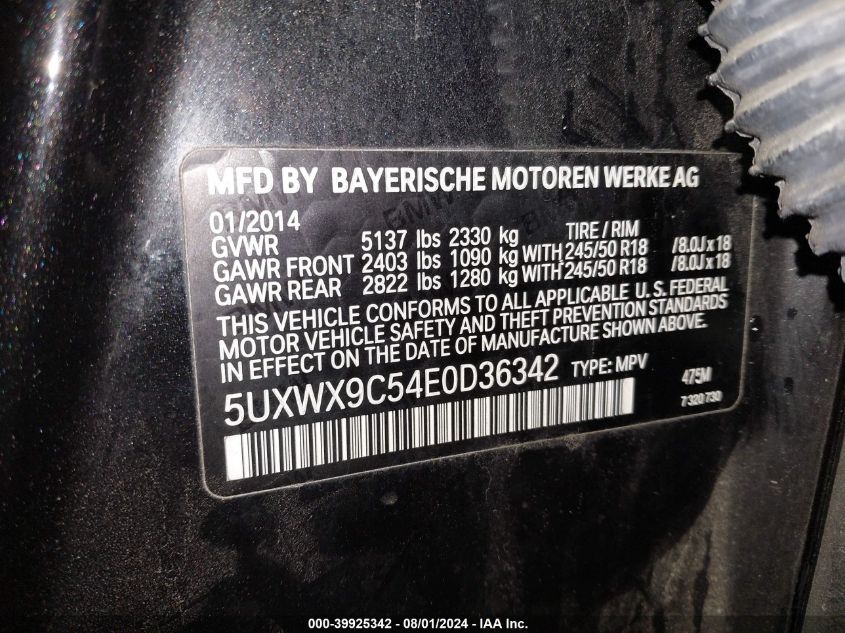 5UXWX9C54E0D36342 2014 BMW X3 xDrive28I