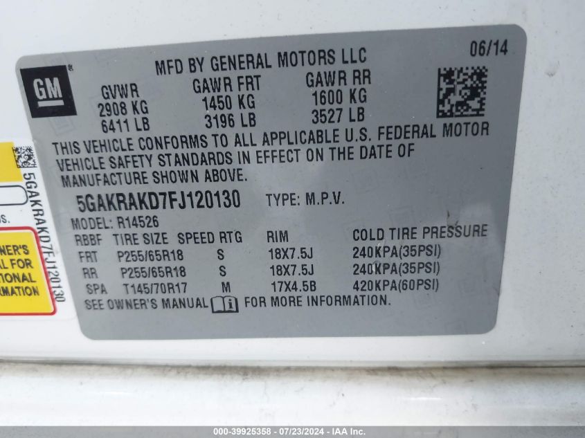 2015 Buick Enclave Convenience VIN: 5GAKRAKD7FJ120130 Lot: 39925358