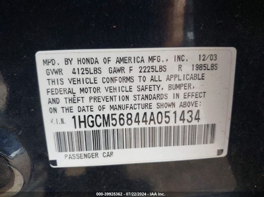 2004 Honda Accord 2.4 Ex VIN: 1HGCM56844A051434 Lot: 39925362