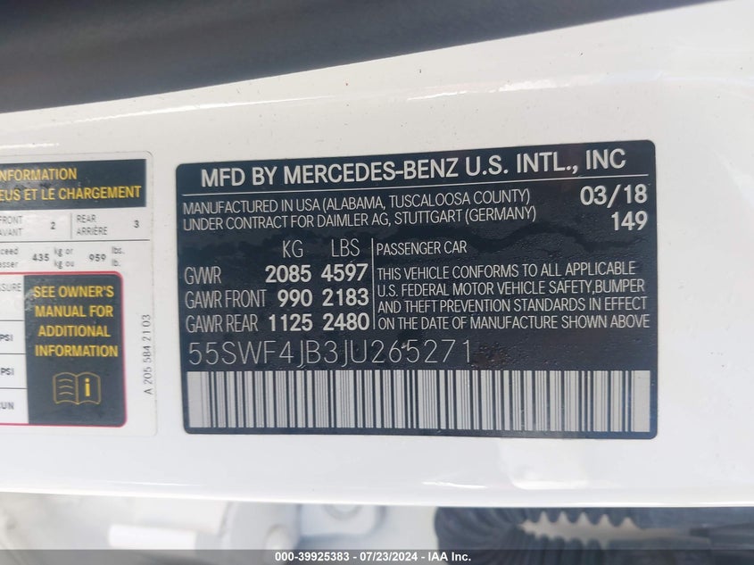 VIN 55SWF4JB3JU265271 2018 MERCEDES-BENZ C 300
