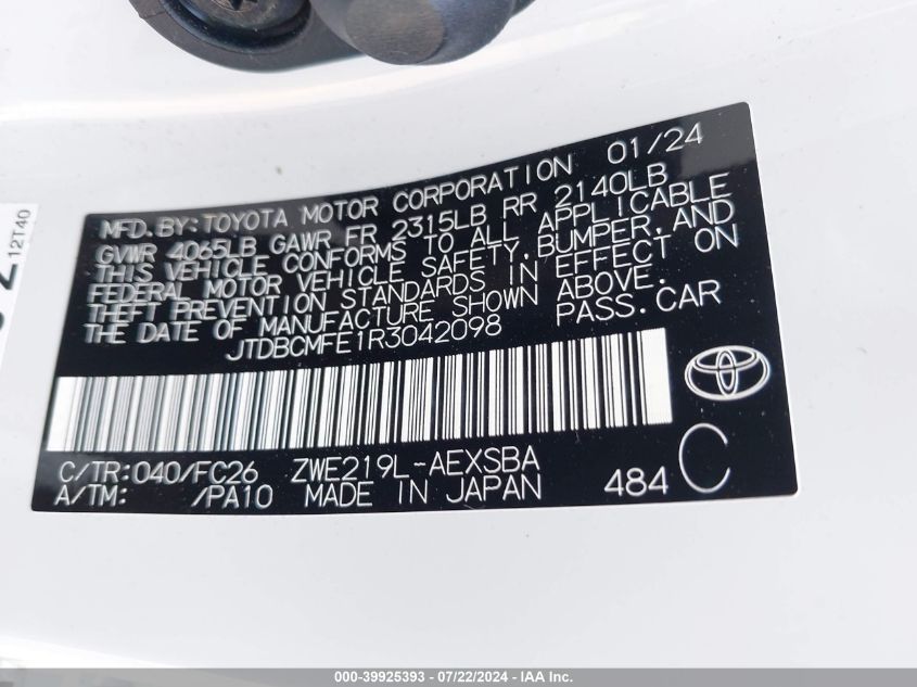 2024 TOYOTA COROLLA HYBRID SE - JTDBCMFE1R3042098