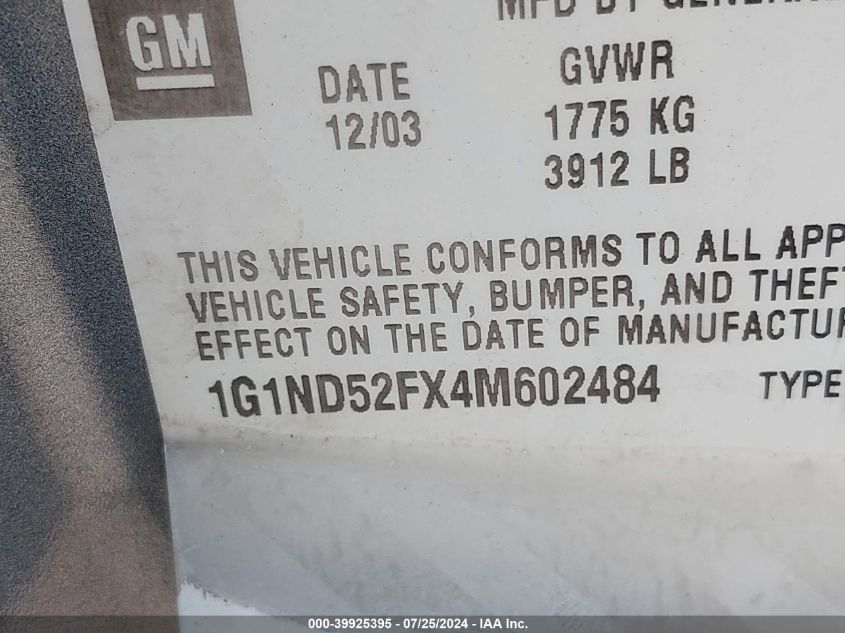 2004 Chevrolet Classic VIN: 1G1ND52FX4M602484 Lot: 39925395