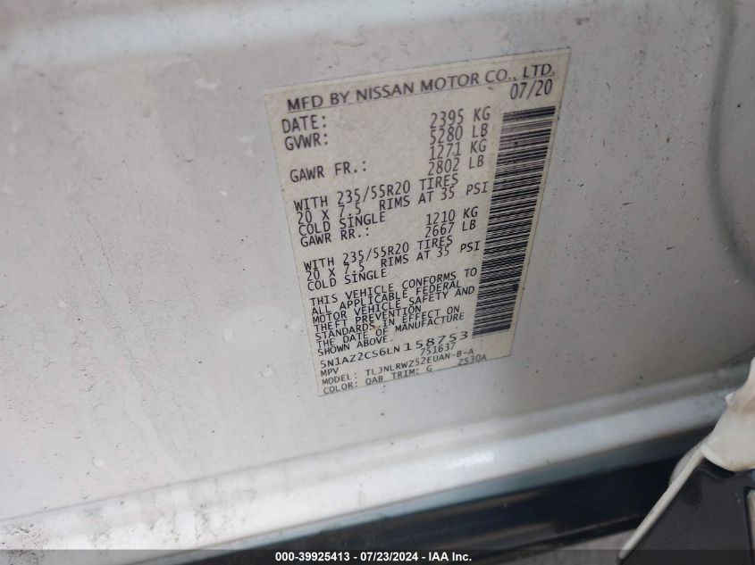 2020 Nissan Murano Sl Intelligent Awd VIN: 5N1AZ2CS6LN158753 Lot: 39925413