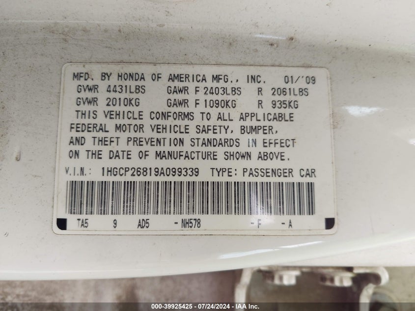 2009 Honda Accord Exl VIN: 1HGCP26819A099339 Lot: 39925425