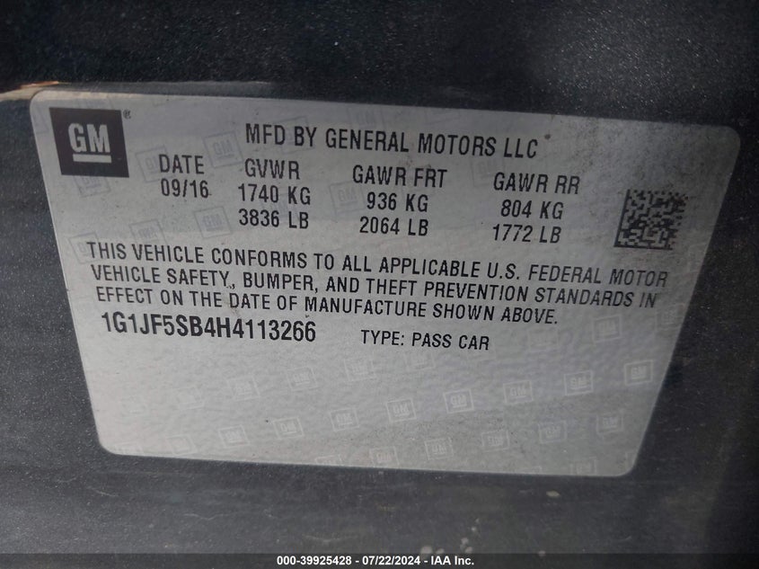 2017 Chevrolet Sonic Premier Auto VIN: 1G1JF5SB4H4113266 Lot: 39925428