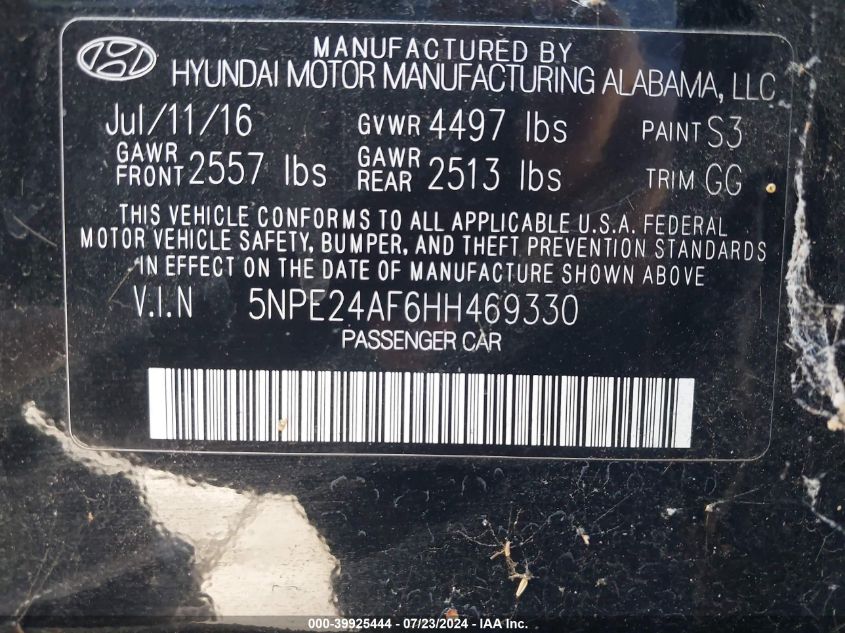 2017 Hyundai Sonata Se VIN: 5NPE24AF6HH469330 Lot: 39925444