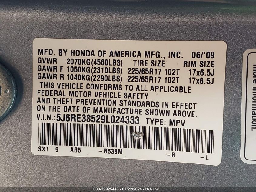 2009 Honda Cr-V Ex VIN: 5J6RE38529L024333 Lot: 39925446