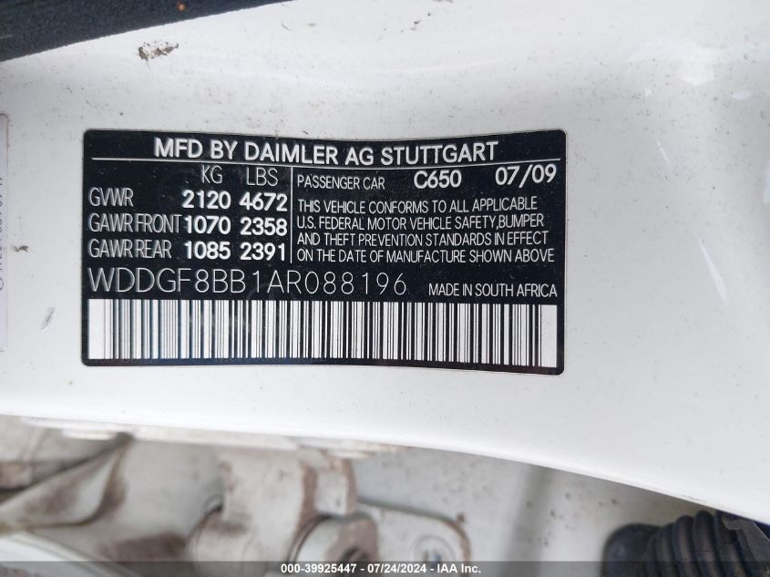 2010 Mercedes-Benz C-Class C 300 Sport/Luxury 4Matic VIN: WDDGF8BB1AR088196 Lot: 39925447