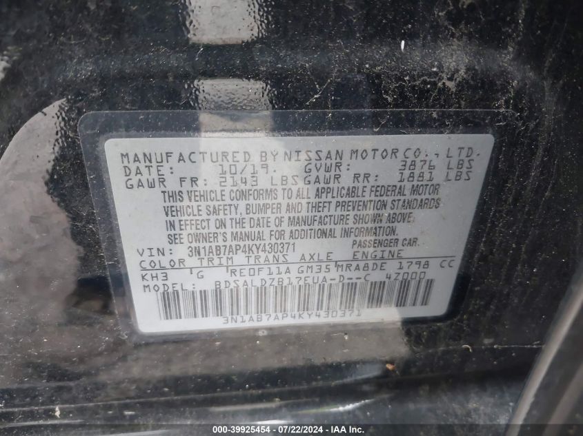 2019 Nissan Sentra Sv VIN: 3N1AB7AP4KY430371 Lot: 39925454