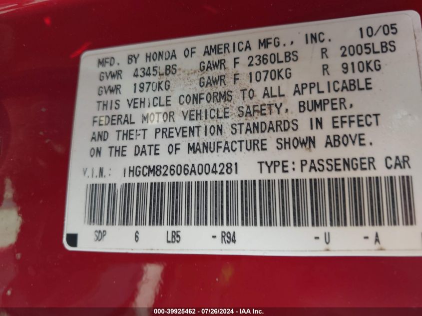 2006 Honda Accord 3.0 Ex VIN: 1HGCM82606A004281 Lot: 39925462
