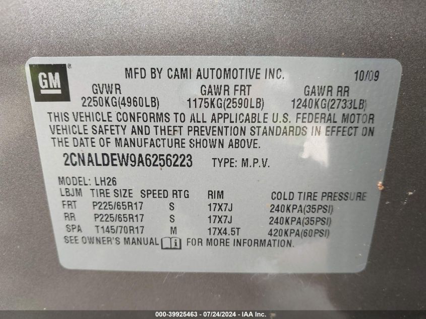 2010 Chevrolet Equinox Lt VIN: 2CNALDEW9A6256223 Lot: 39925463